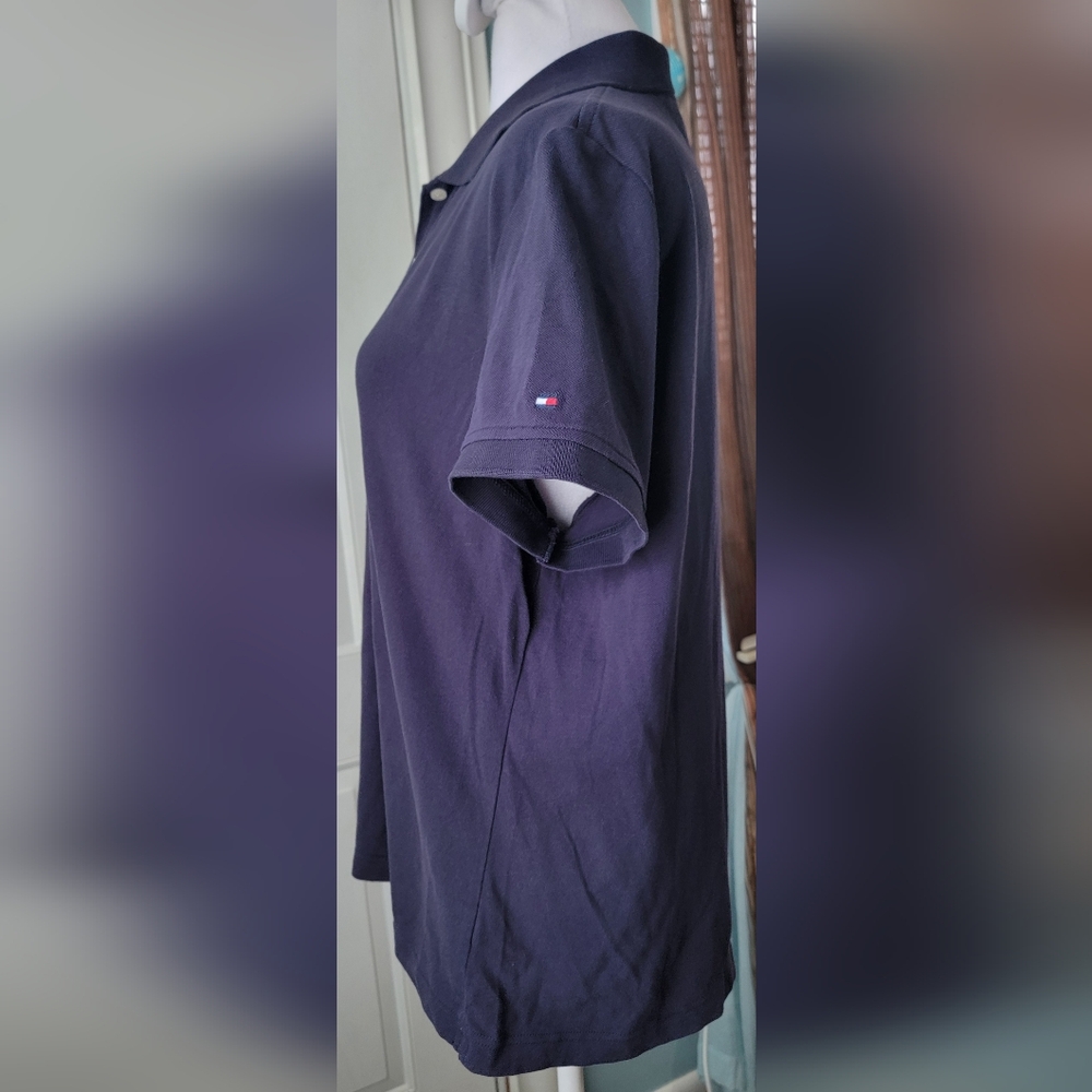Y2K Tommy Hilfiger Polo Women's XL Navy Short Sleeve 1/4 Button Strechy Cotton - Picture 2 of 13